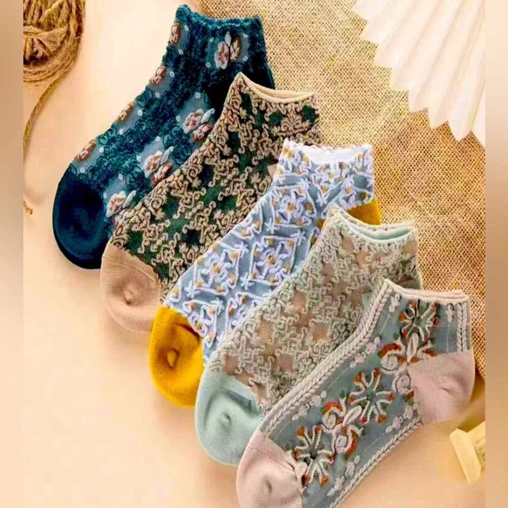 5 Pairs Women's Floral Patterned Low-cut Socks, Breathable Socks For Daily Wear